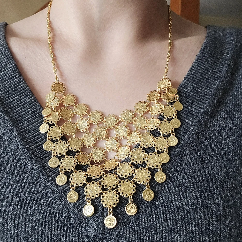 Vintage Gold Coin Medallion Bib Statement Necklace